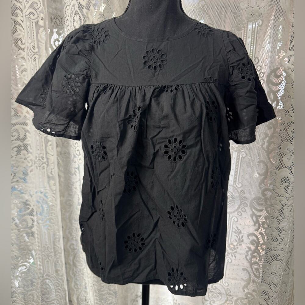 Madewell Women’s Sz XS Black Embroidered Floral Flutter Ruffle Sleeve Top Blouse